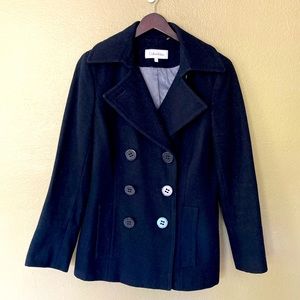 Calvin Klein Navy Wool Pea Coat — Buttons & Pleat